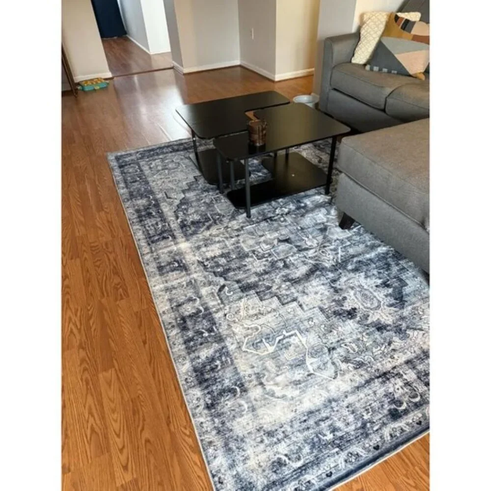 New 6x9 Dark Blue Vintage Rug, Washable Non-Slip Carpet for Home or Room Decor